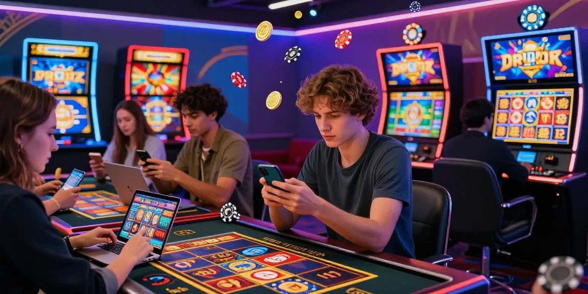 Engaging gambling scene with players enjoying garuda303 online slots on personal devices in a vibrant digital casino environment.