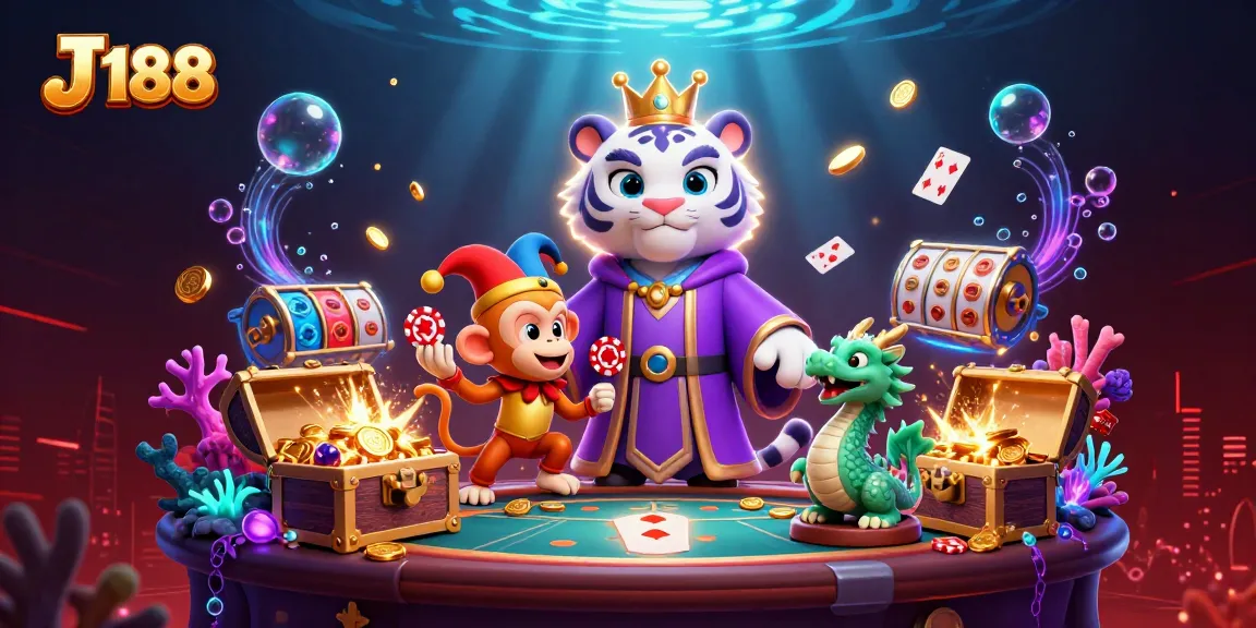 Engage with thrilling gaming at J 188 as a white tiger and monkey celebrate around vibrant casino elements.