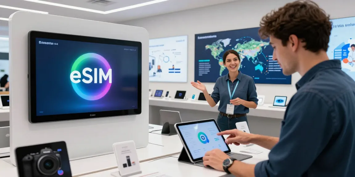 Comprar eSIM em um ambiente de varejo moderno com tecnologia interativa e atendimento ao cliente envolvente.