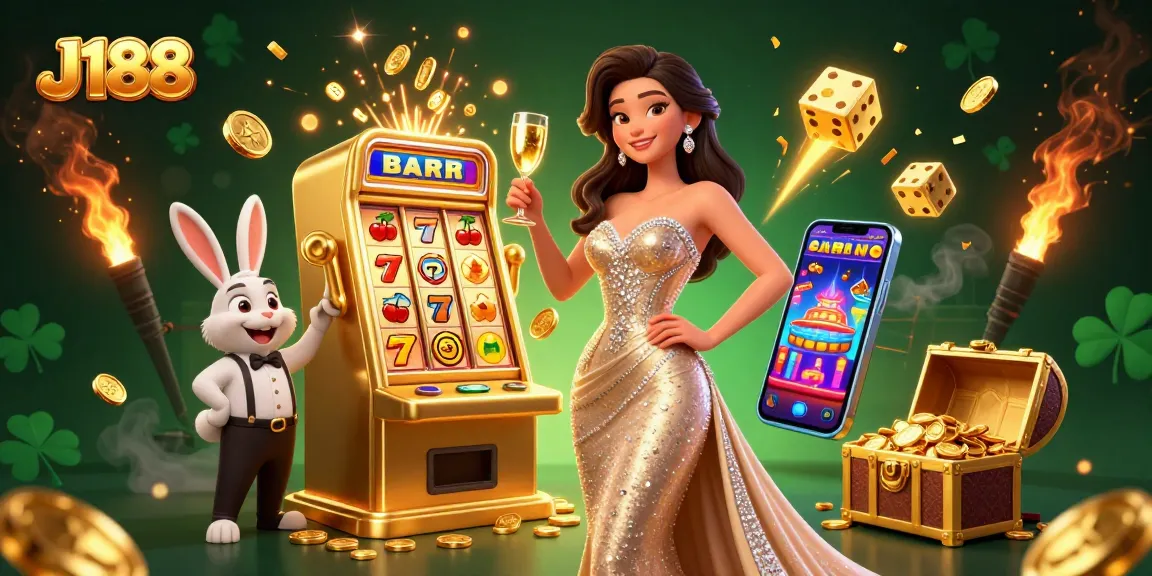 Experience J188 with an enticing 3D illustration showcasing gamblers celebrating jackpots at a vibrant casino.