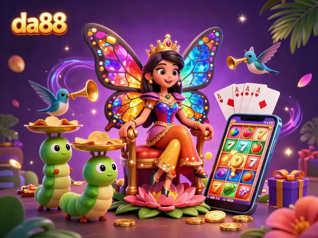 Engage with da88's vibrant casino scene featuring a butterfly queen and golden chips dynamic in 3D.