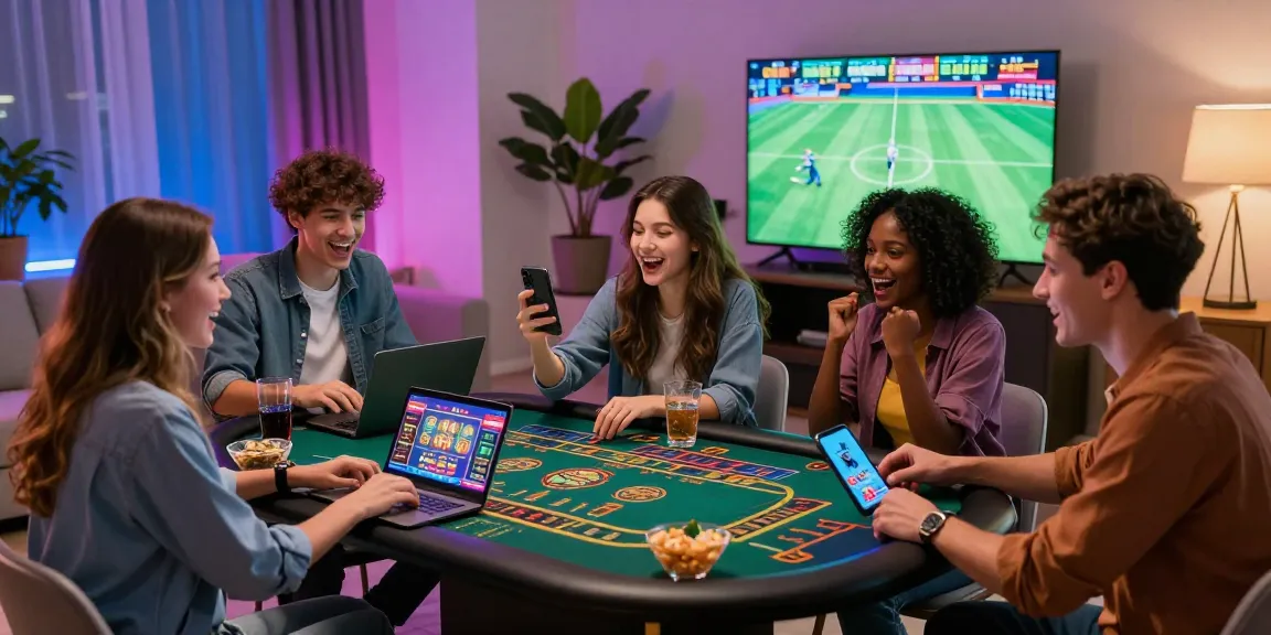 Engaged friends enjoying the excitement of online gambling at https://89ee.br.com/ in a lively living room.