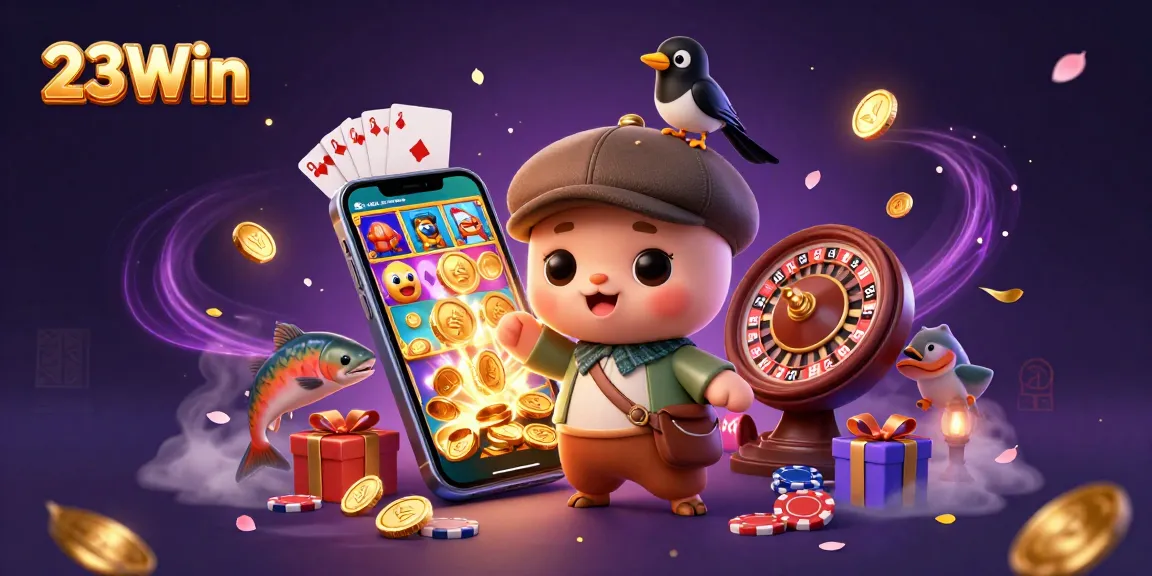 Experience thrilling games at 23Win with vibrant slot machines and lucky charms swirling around.