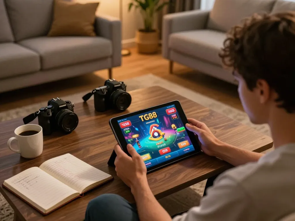 TG88 player engaged in strategic online gaming at a cozy home setup, showcasing tablet interface and betting strategies.