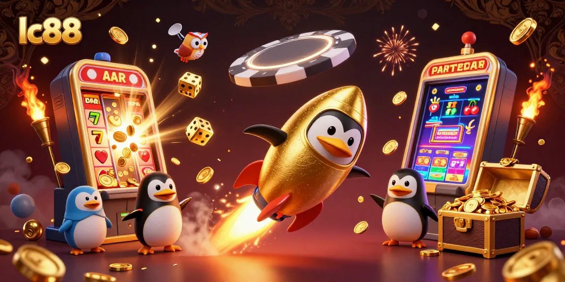 Spin the reels at lc88 with golden penguin and jackpot excitement in a vibrant casino scene.