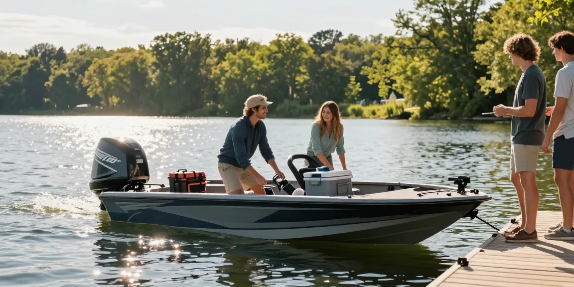Buy outboard motor USA - Couple joyfully preparing their new outboard motorboat at a scenic lakeside.