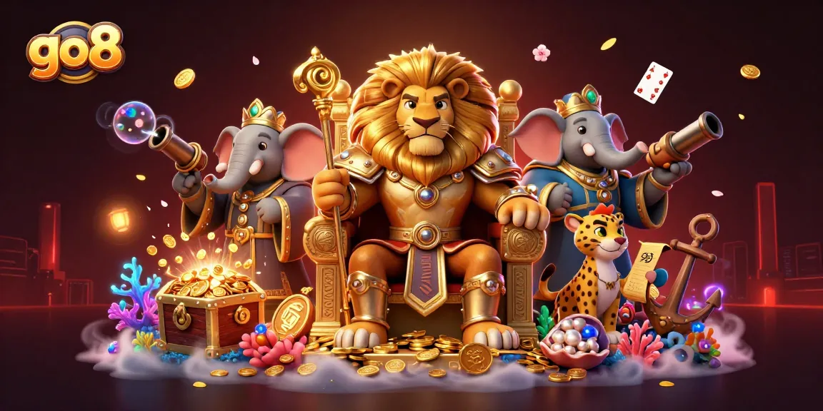 Experience go8’s thrilling gameplay with a fierce lion king, a wise elephant, and a quick cheetah in a dynamic casino setting.