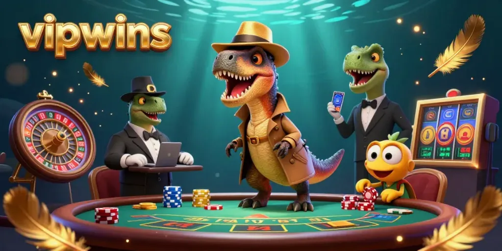 Engage in thrilling casino action with vipwins as a velociraptor attempts to sneak chips at a blackjack table.