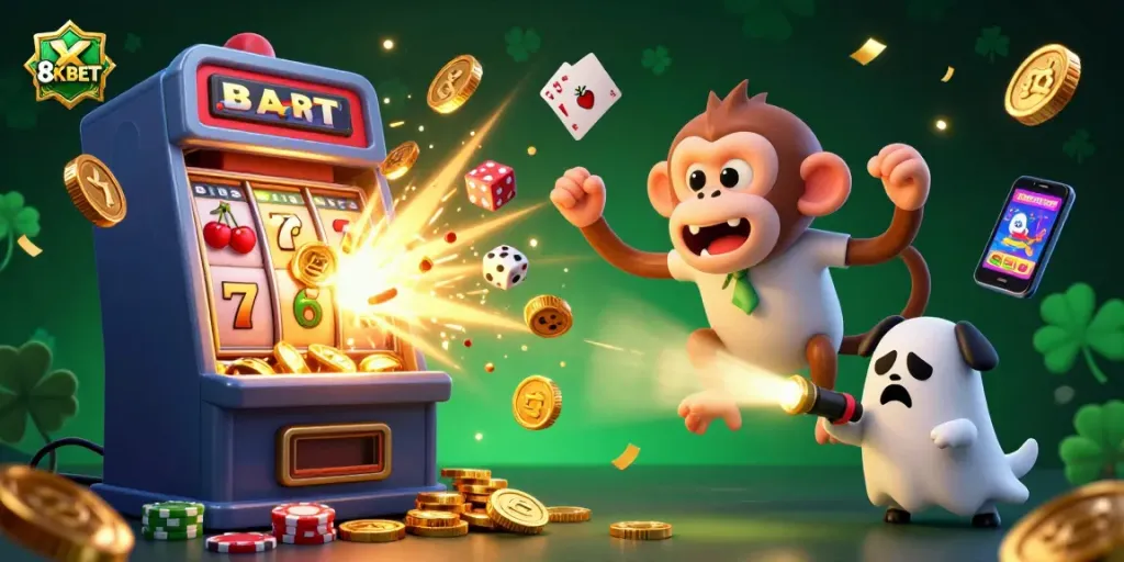 Experience the thrill of 8KBET with a playful poltergeist monkey and a ghost-hunter puppy in a dynamic casino scene.
