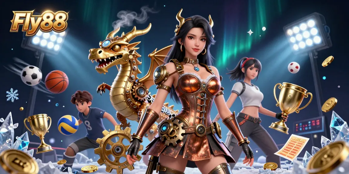 Bet on Fly88: Experience immersive gaming with a steampunk dragon and vibrant sports elements.