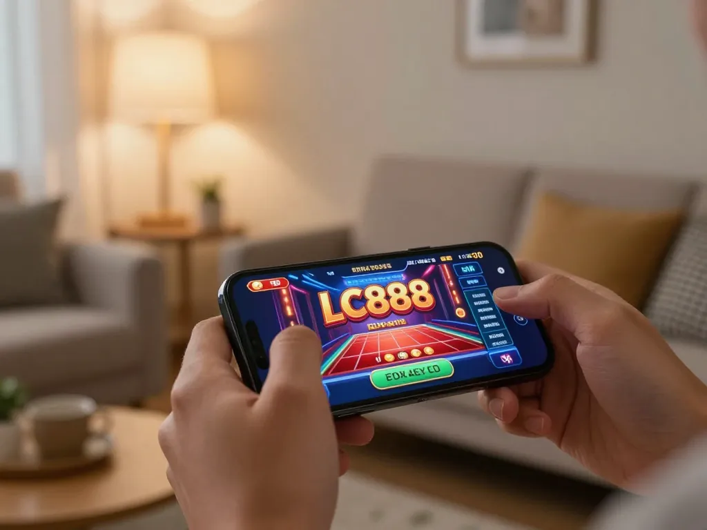 Playing LC888 on a smartphone, enjoying an engaging online gambling experience
