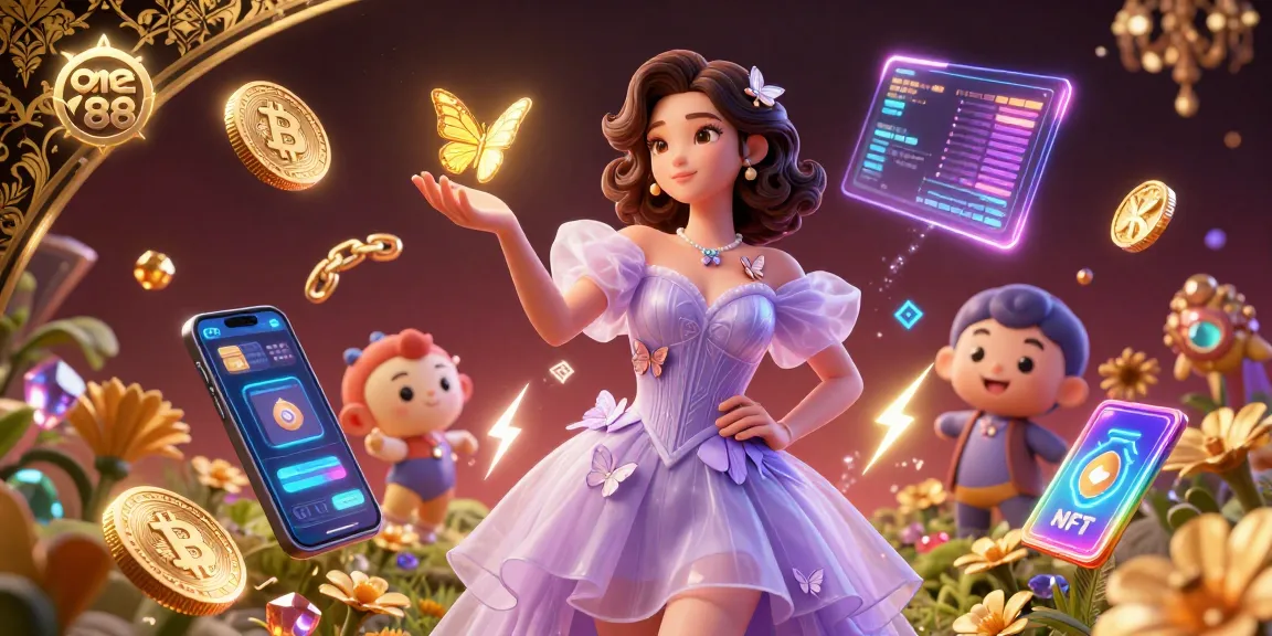 Engage with the one 88 casino world through captivating games and cryptocurrency elements in a vibrant illustration.