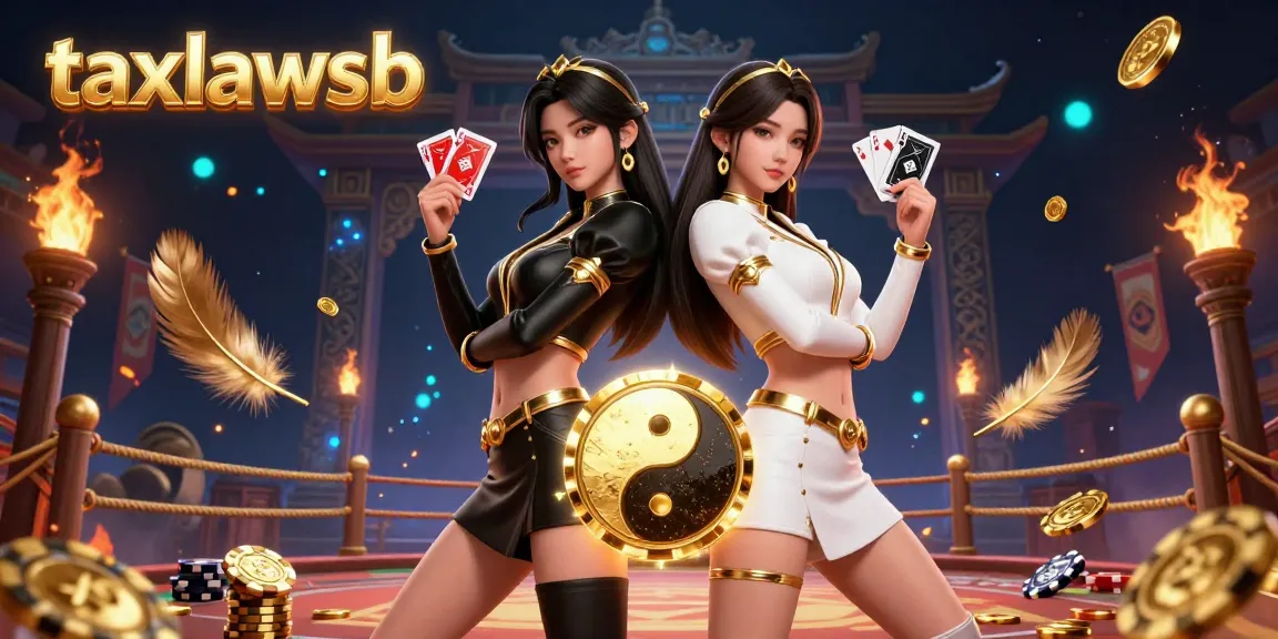 Win big with taxlawsb in a vibrant casino scene showcasing twin Asian women with playing cards and golden casino chips.