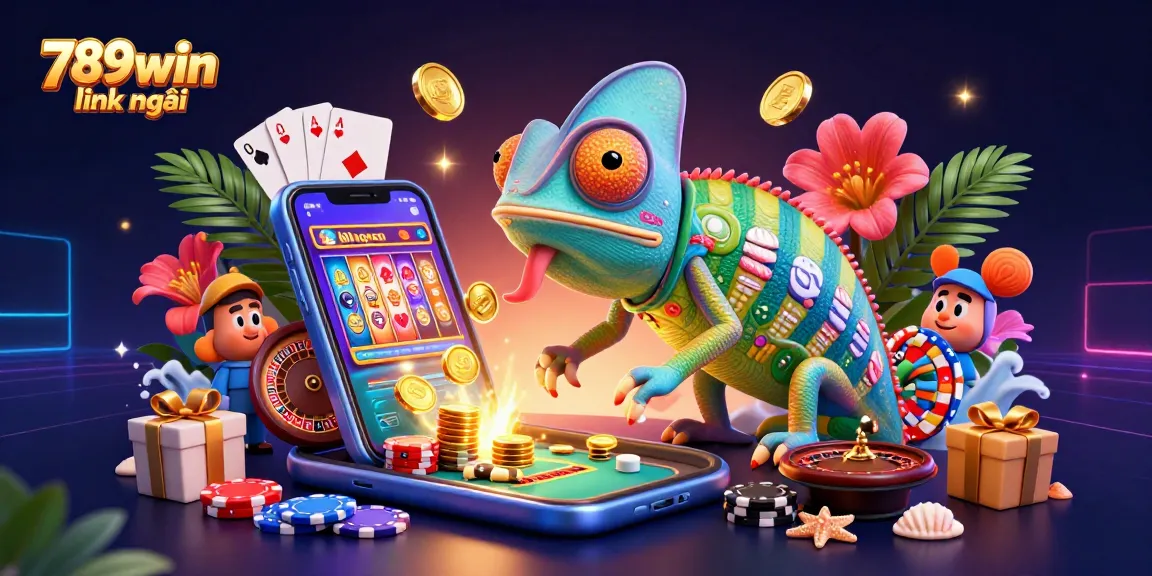 Experience exciting gaming moments with 789win link mới, featuring a vibrant chameleon casino owner surrounded by slot games and poker elements.