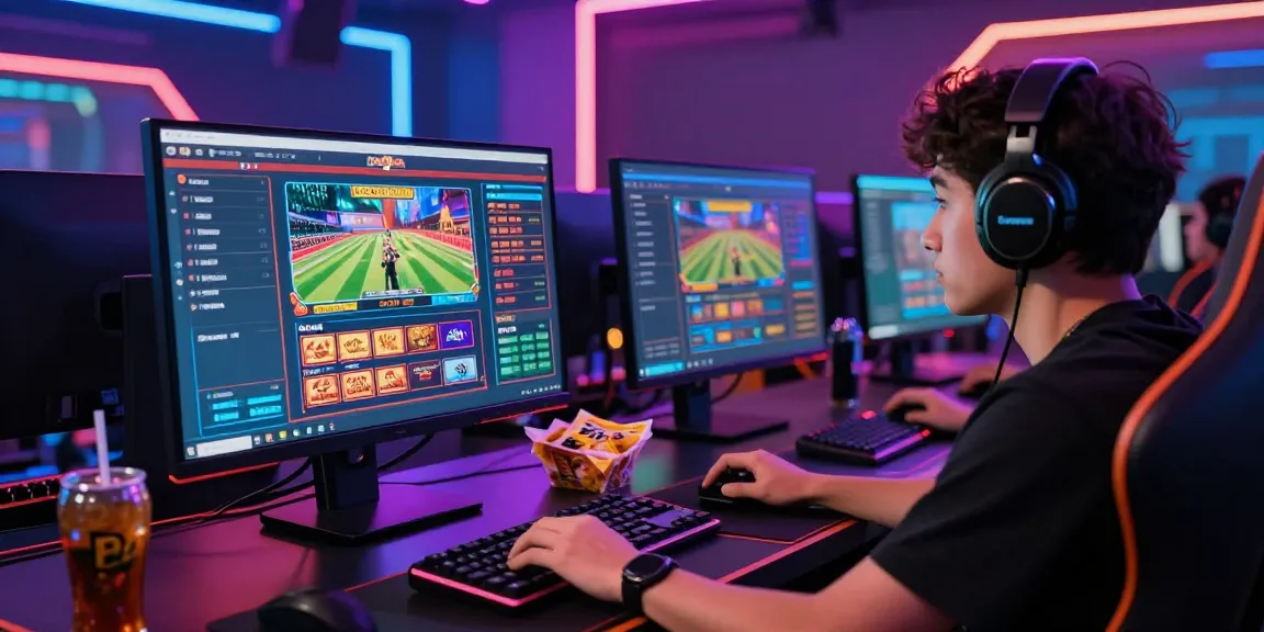 Gamer engaged in online betting at desktop setup, xem ngay for exciting casino experiences.