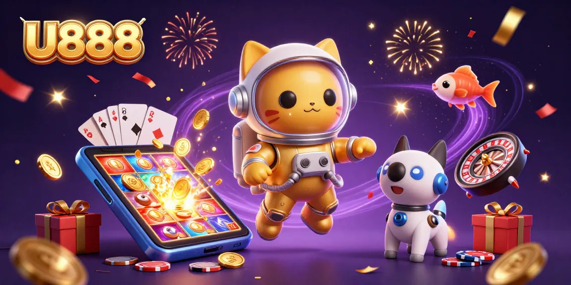 Experience the thrill of U888 with a lively casino scene featuring slots, games, and vibrant characters.