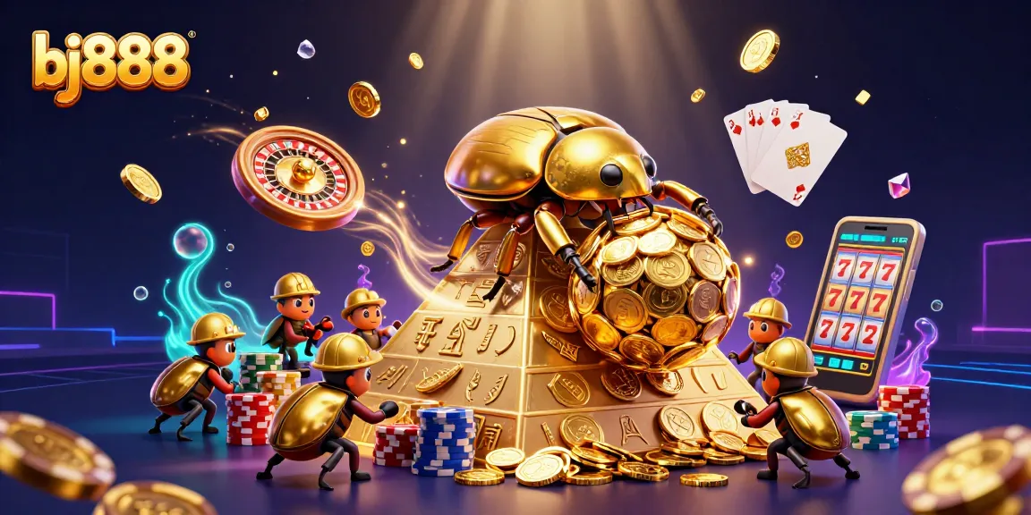 Win big at bj888's golden casino, featuring beetles rolling coins and dynamic games!