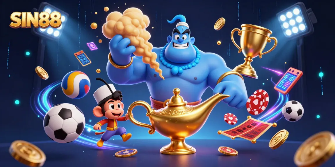 SIN88 engages players with thrilling sports betting visuals in a vibrant casino-themed illustration.