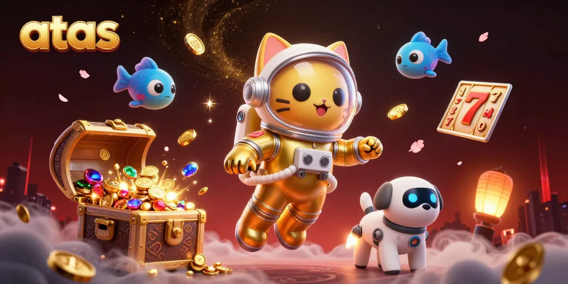 Engage in thrilling gaming action at atas casino with a vibrant 3D scene featuring astronauts and treasures.