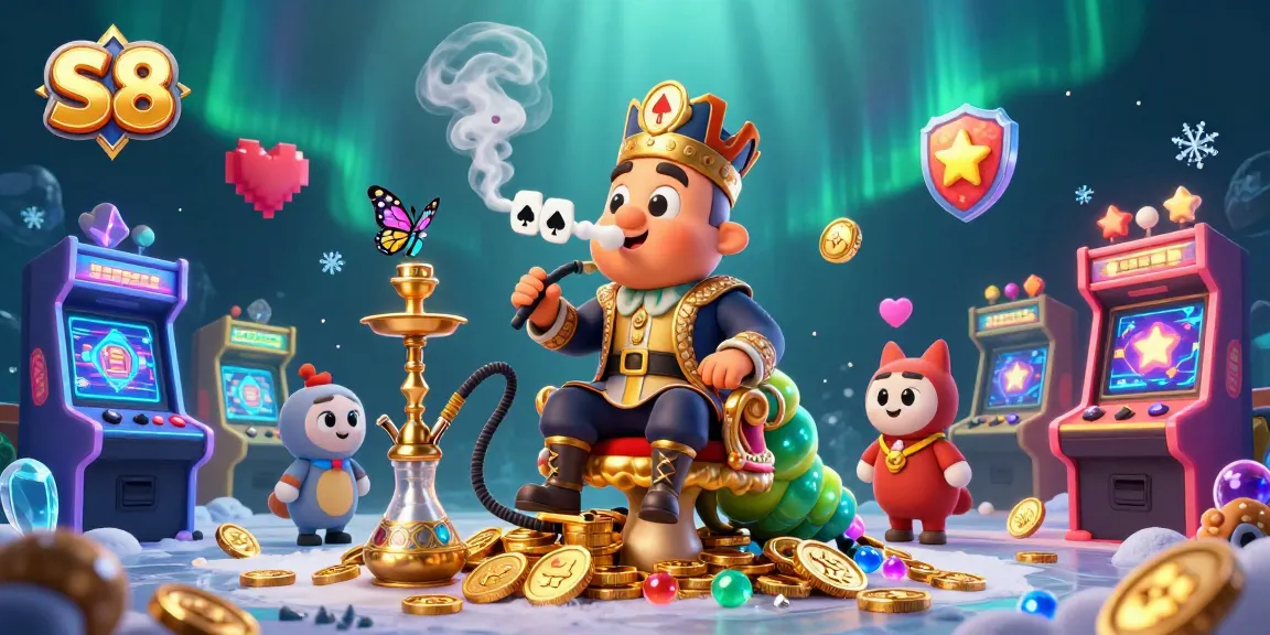 S8 players enjoy poker hands as colorful game machines surround an enchanting caterpillar theme.