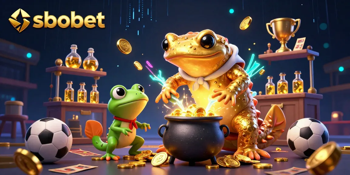 SBOBET features a magical scene of a golden salamander alchemist, frog apprentice, and newt assistants in a vibrant sports betting themed laboratory.