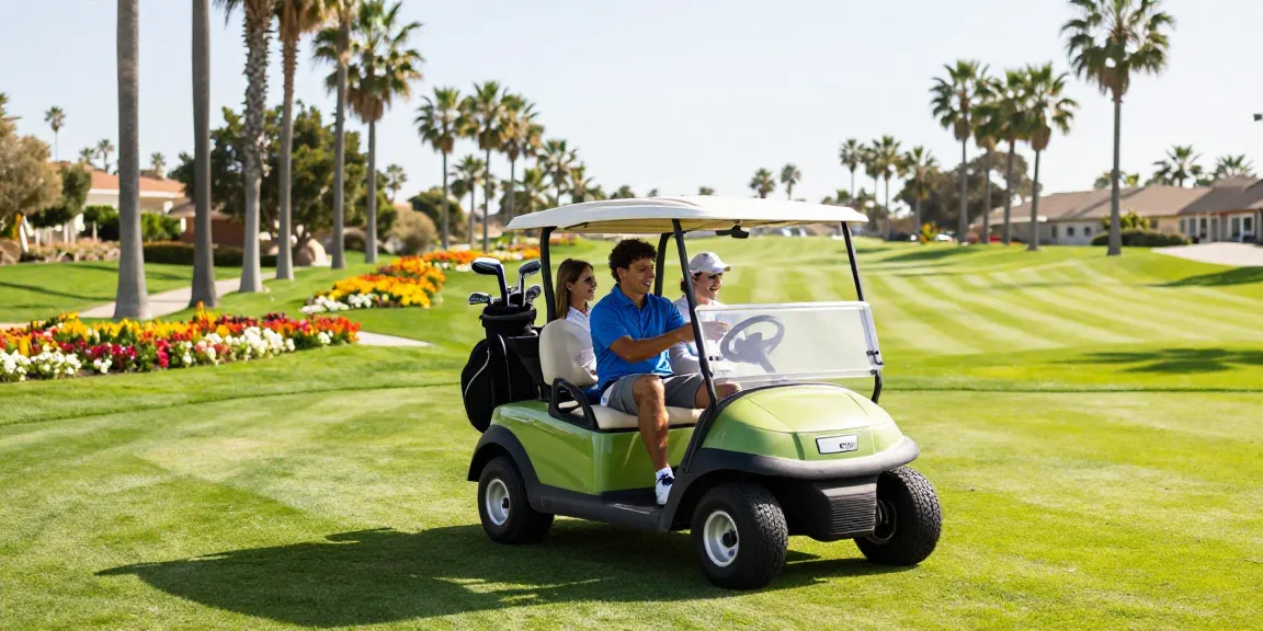 Refurbished golf cart driving through a sunny golf course with friends enjoying their day.