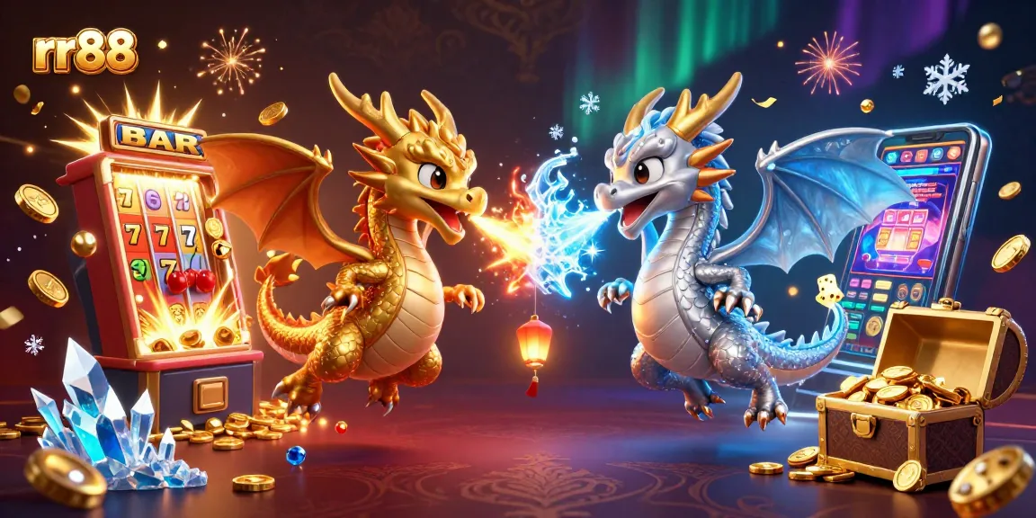 Experience the excitement of rr88 with dynamic dragons, slots, and winning action in this vibrant 3D illustration.