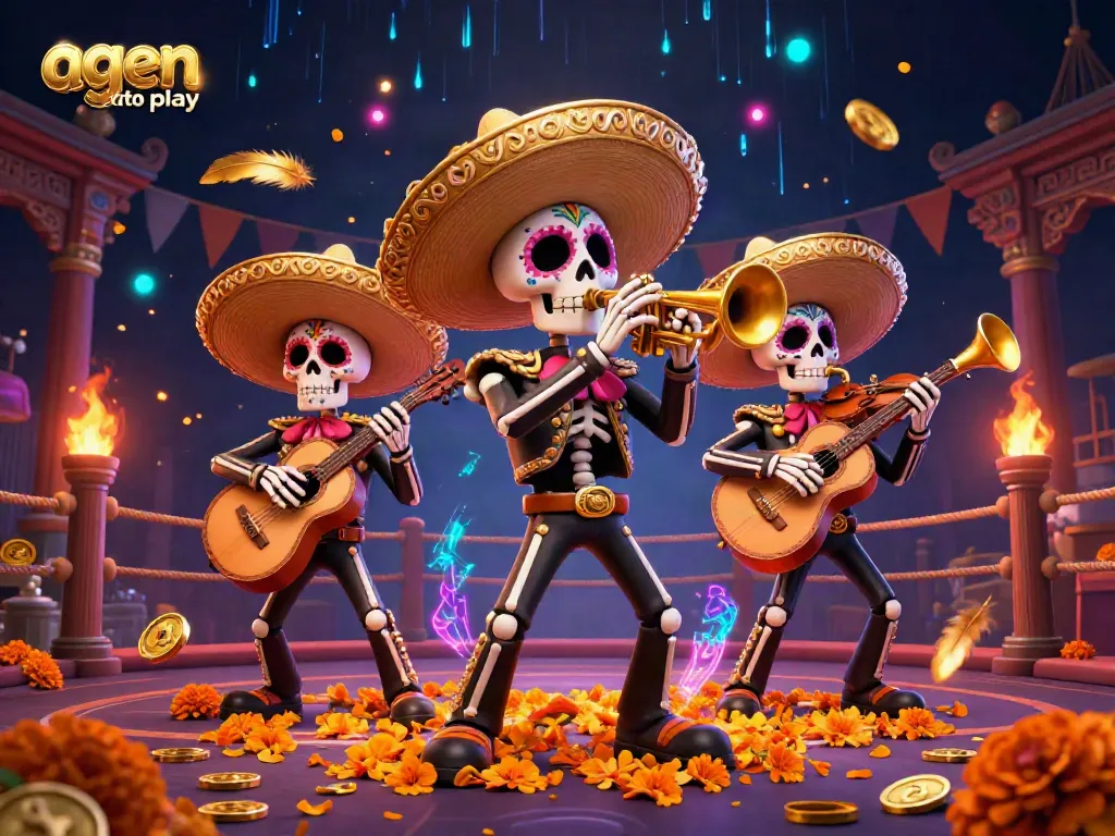 Engage in the vibrant scene of the agen toto play, featuring Day of the Dead skeletons energetically performing in a rich gambling atmosphere.