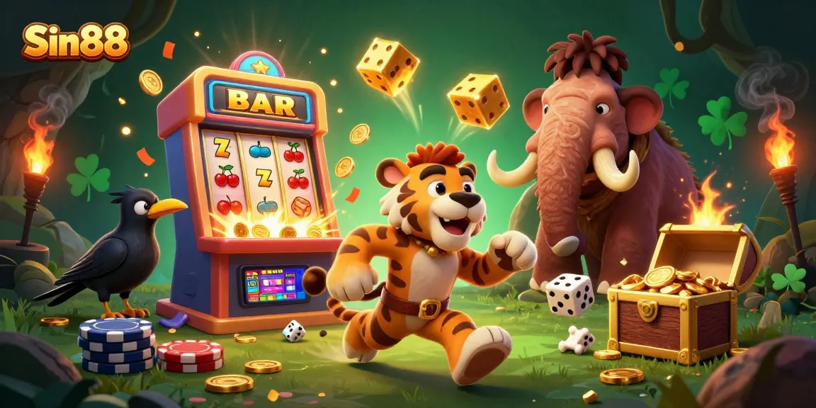 Experience thrilling gameplay at Sin88 with a colorful 3D casino scene bursting with vibrant action and opportunities.