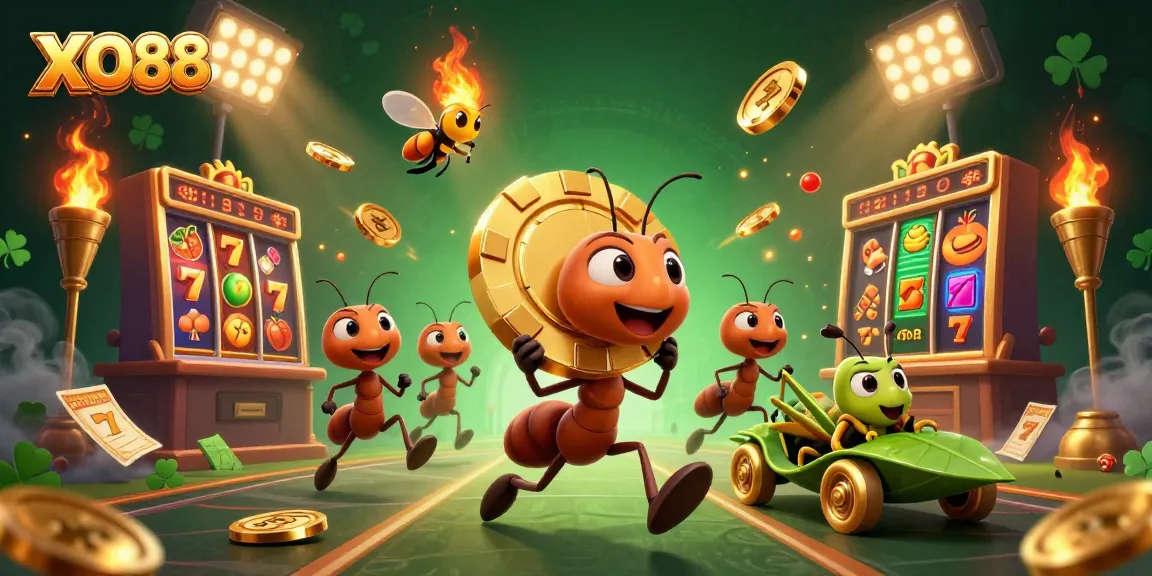 Experience thrilling gameplay with XO88 as ants carry a giant poker chip through a vibrant casino scene.