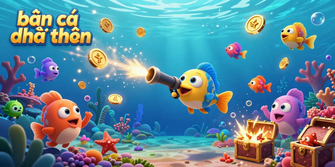 Engage in bắn cá đổi thưởng with vibrant fish shooting cannons and colorful sea creatures in an exciting underwater game scene.