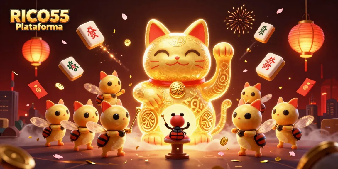 Engage with RICO55 Plataforma's vibrant lucky cat symbol amidst floating casino treasures in this festive 3D scene.