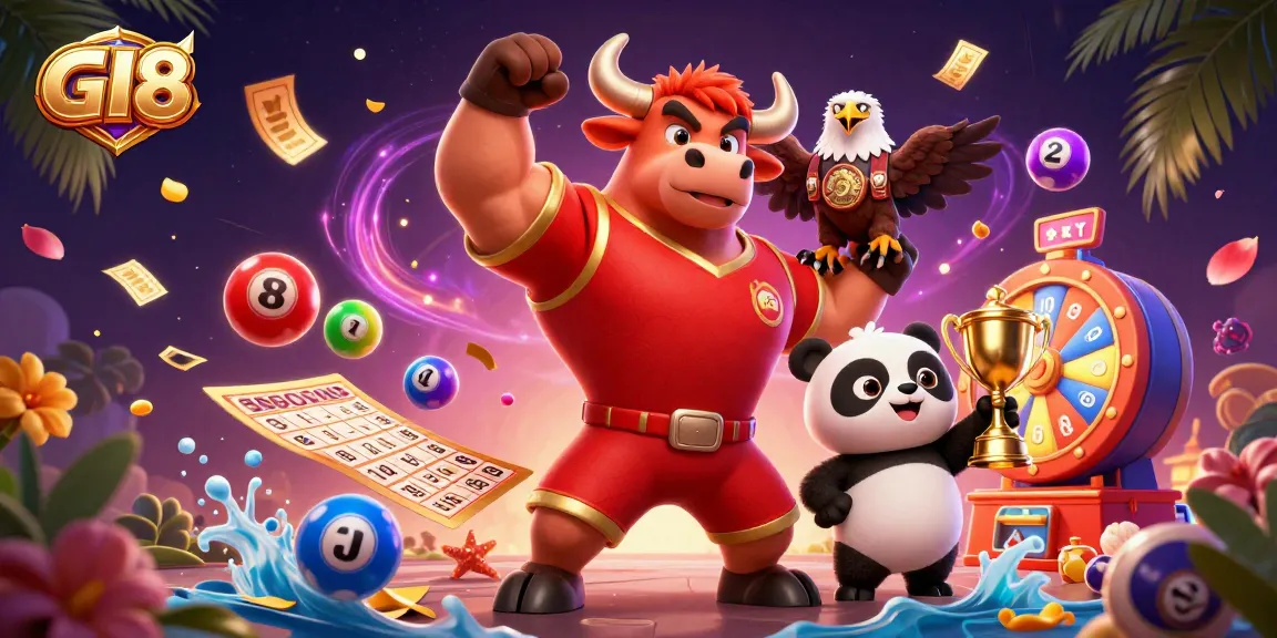 GI8 mascot trio celebrating casino excitement amidst vibrant lottery elements and dynamic gaming effects.