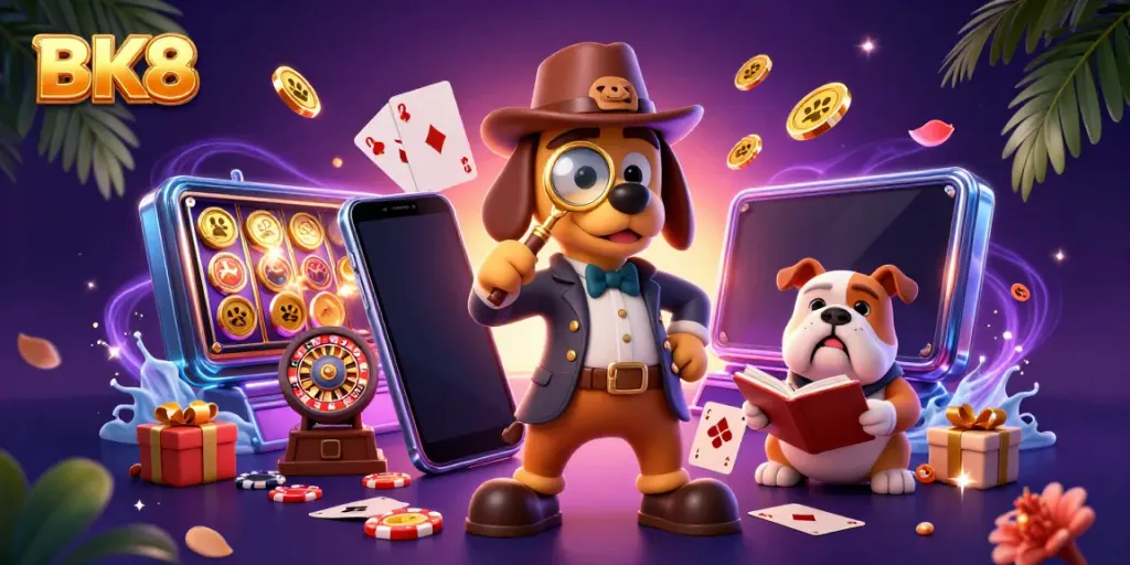 Engage in thrilling gameplay at BK8 with a detective and companion uncovering treasures in a lively casino scene.