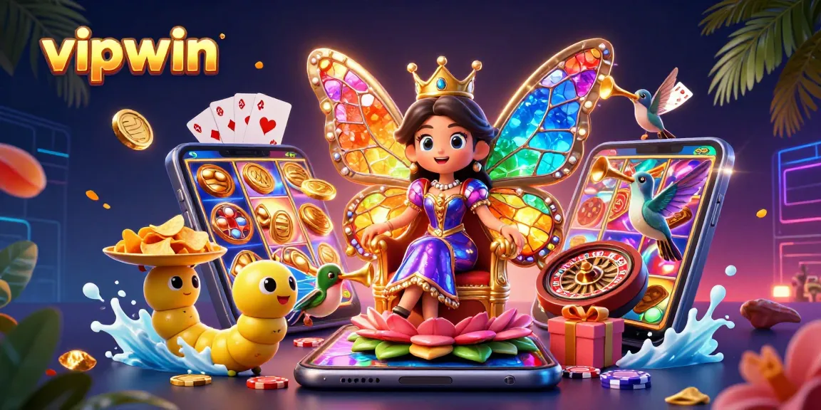 Spin to win big with vipwin at a vibrant online casino featuring a butterfly queen and dynamic game elements.