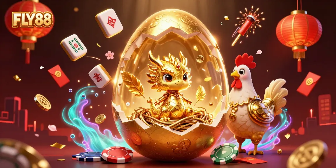 FLY88 offers thrilling gaming experiences with its visually stunning golden dragon and poker chips arrangement.