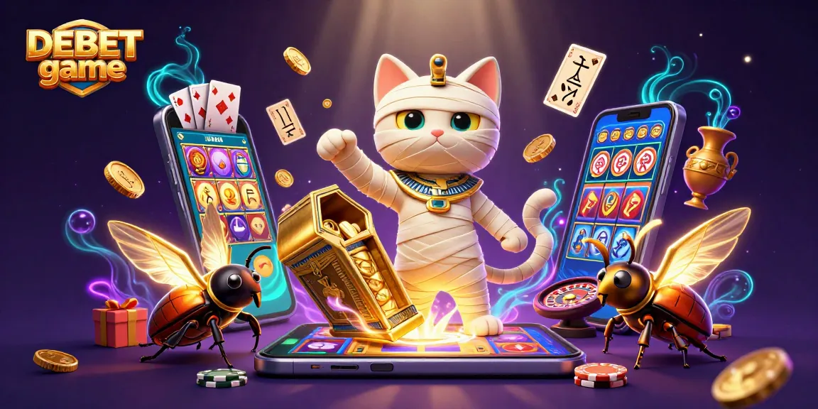 Experience thrilling wins with DEBET game featuring casino elements and a mystical mummy cat.