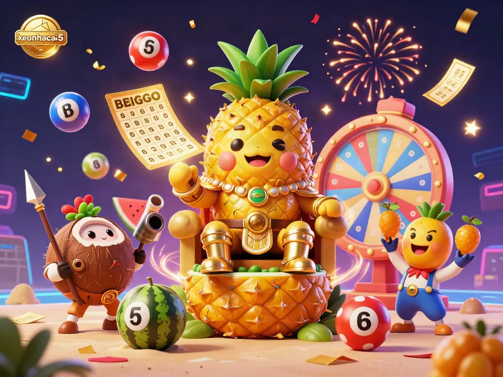 Engage with keonhacai5 through a festive beach casino scene featuring a golden pineapple king and dynamic lottery elements.