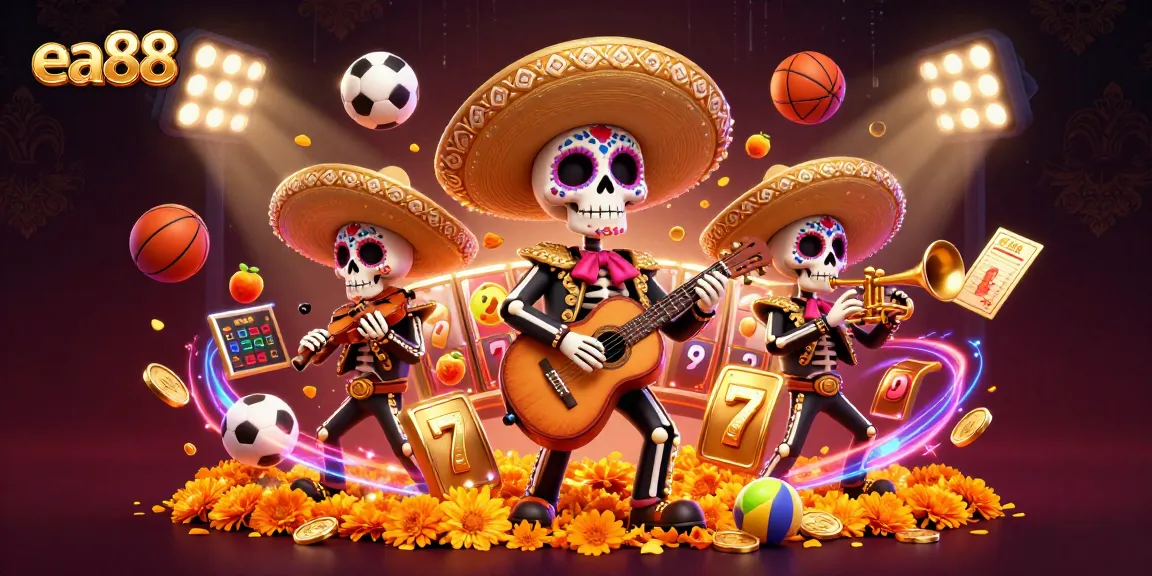 Experience thrilling gameplay at ea88 with the vibrant Dia de los Muertos mariachi band amid dynamic casino elements.