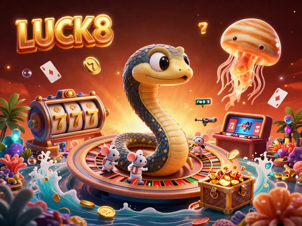 LUCK8 captivates players with vibrant casino-themed 3D illustration featuring a cosmic roulette snake and astronaut mice betting.