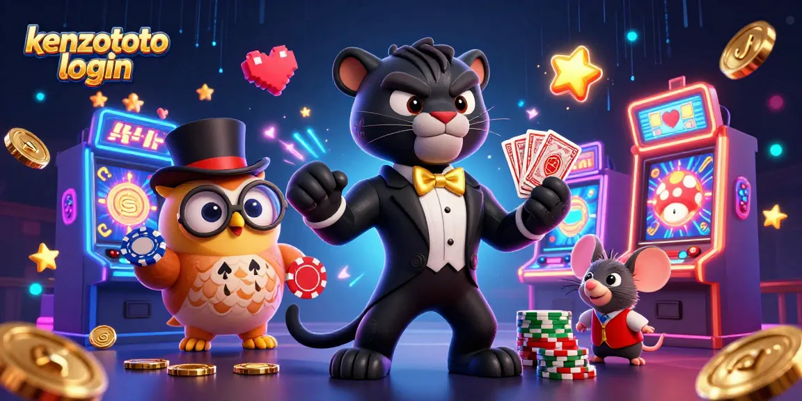 Experience the excitement of Kenzototo login with our colorful casino-themed illustration featuring a black panther, owl, and lucky mouse.