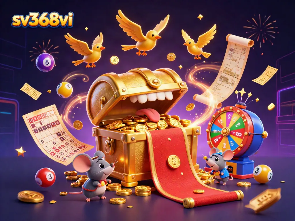 Engage with sv368vi's gaming excitement through vibrant lottery elements and a treasure chest lure.