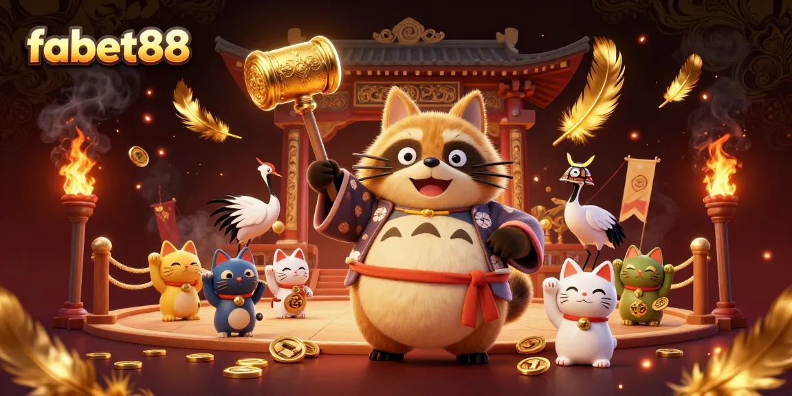 Experience the excitement of fabet88 with a vibrant 3D casino scene showcasing a cheerful tanuki and lucky symbols.