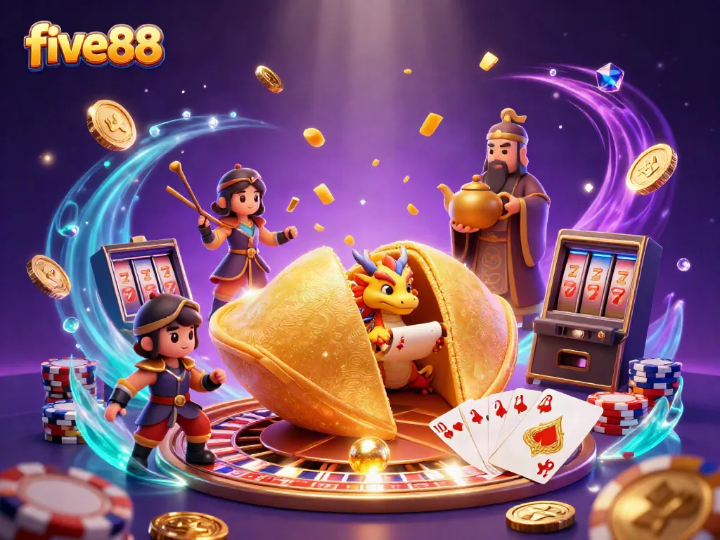 Engage in thrilling games at five88 with a dynamic scene of fortune cookies and vibrant casino elements.