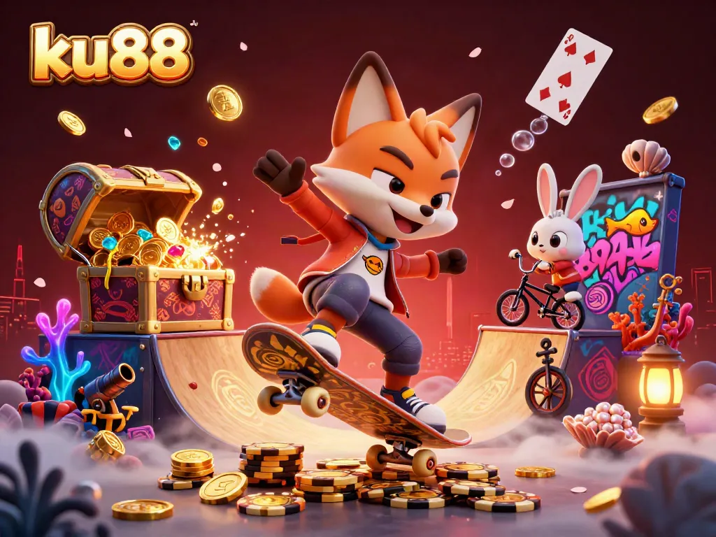 ku88 attracts gamers with vibrant 3D illustration showcasing casino excitement and lively characters.