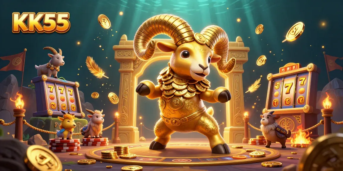 Experience KK55's exciting slots with a dynamic scene filled with golden elements and vibrant casino atmosphere.