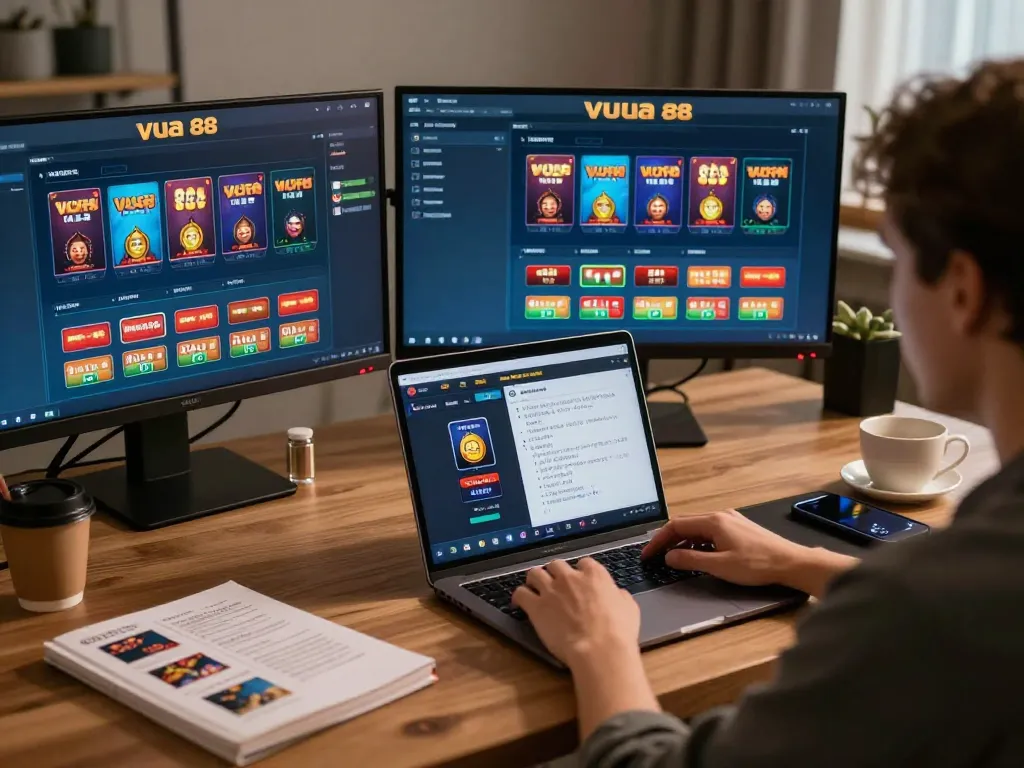 Engaged player using Vua 88 online casino platform on multiple screens while strategizing gameplay.