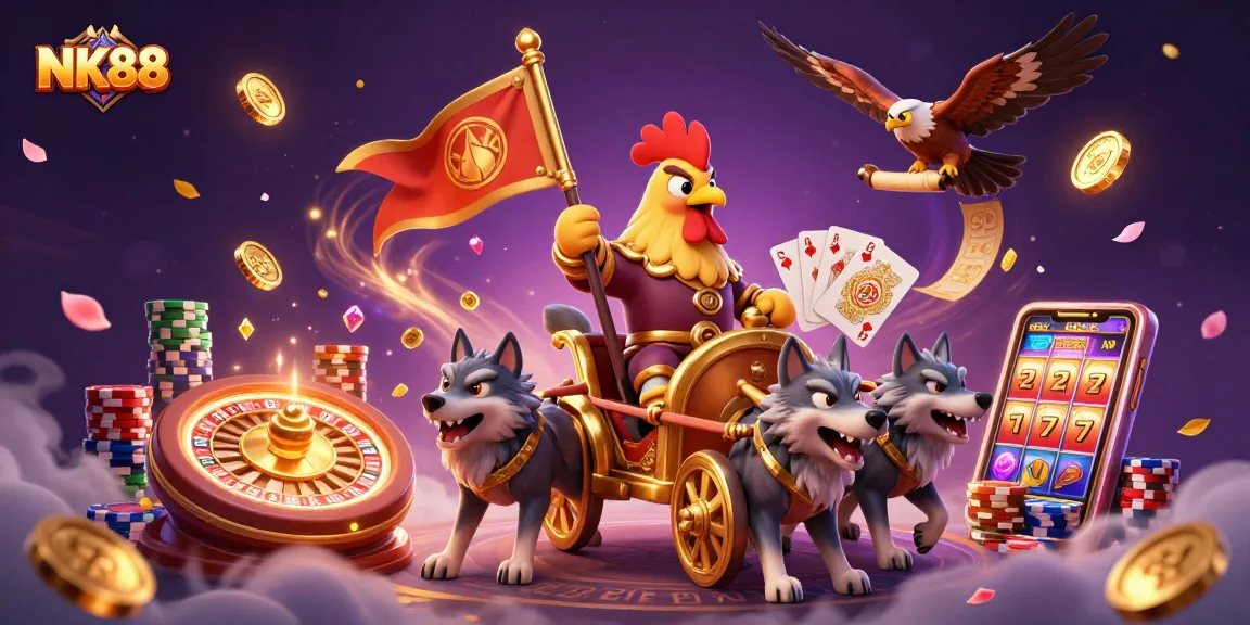 Witness the exhilarating action at NK88, where a rooster warlord leads in a rich, dynamic casino scene!