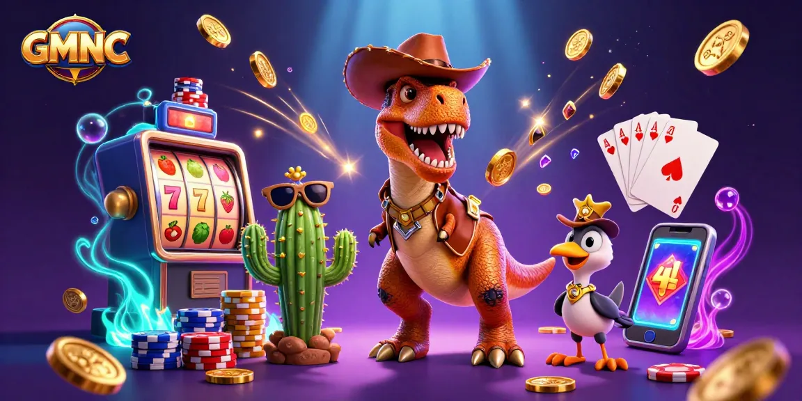 Engage with GMNC's thrilling casino illustration featuring vibrant characters and dynamic gaming elements.