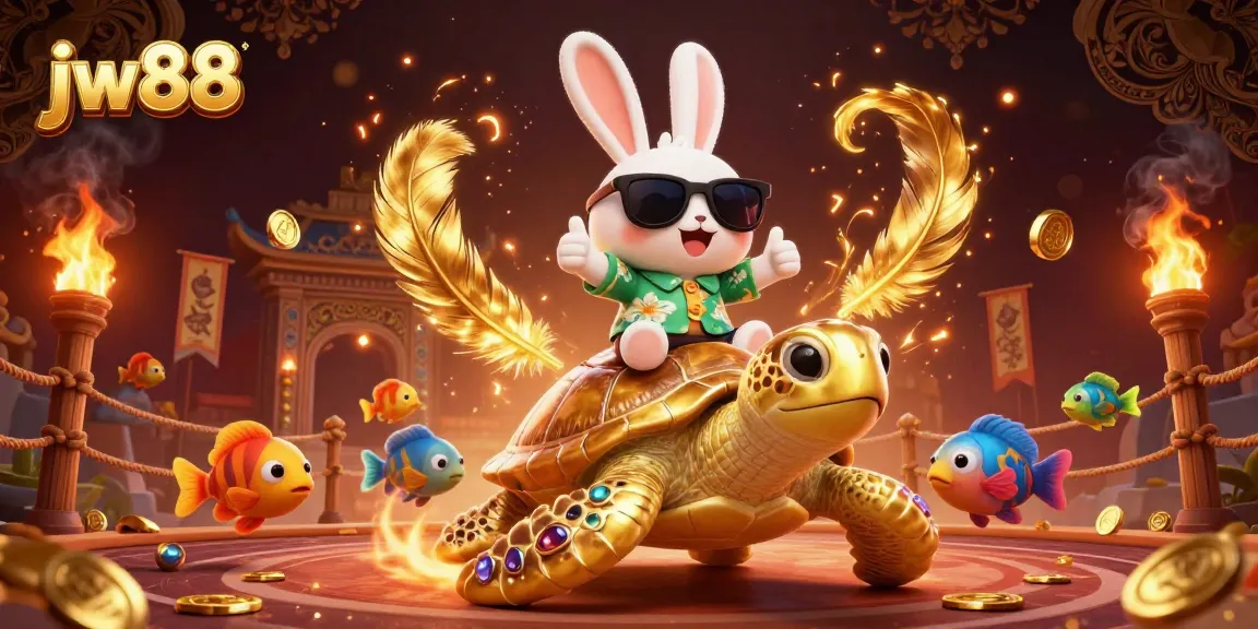 Join the fun at jw88 as the lucky rabbit celebrates winning with vibrant casino-themed elements!